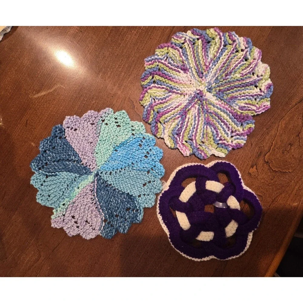 Handmade Knit/Crochet Potholder Trivets Lot of 3 Round Multicolor Purple/White